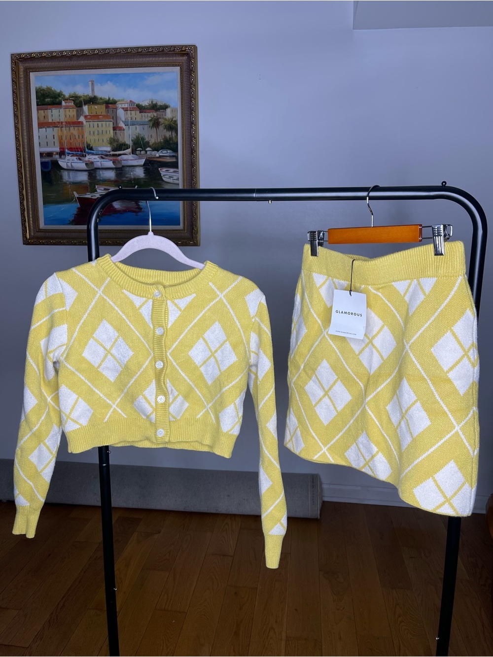 Glamorous Yellow and White Diamond Knit Cardigan & Skirt Set